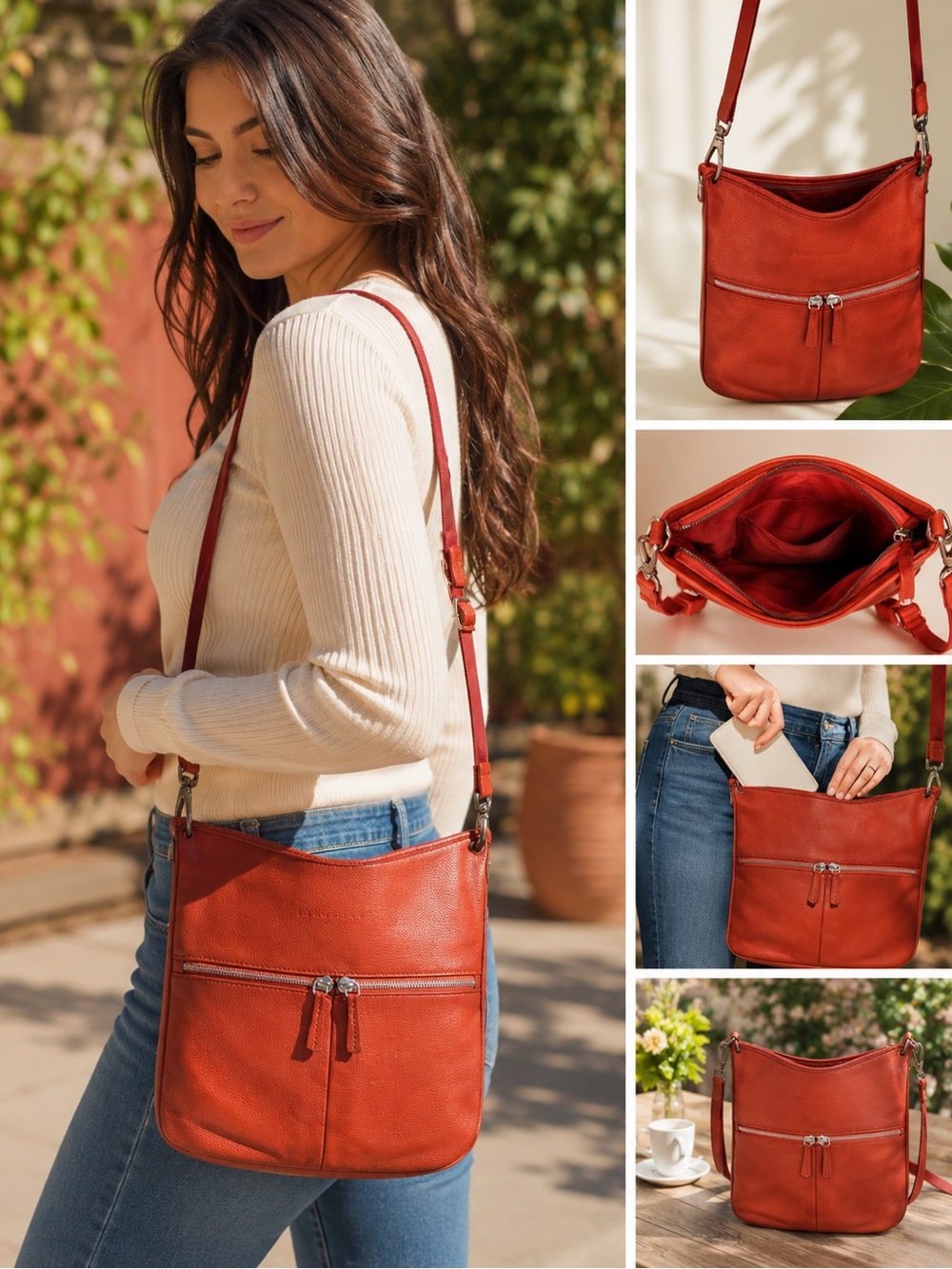 Longchamp Le Foulonne Zip Closure Pebble Leather Crossbody Pockets Brick Red Lux